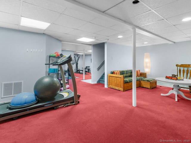 152 Hollyberry Rd, Bristol, CT 06010 - exercise area featuring carpet flooring, a drop ceiling, and recessed lighting