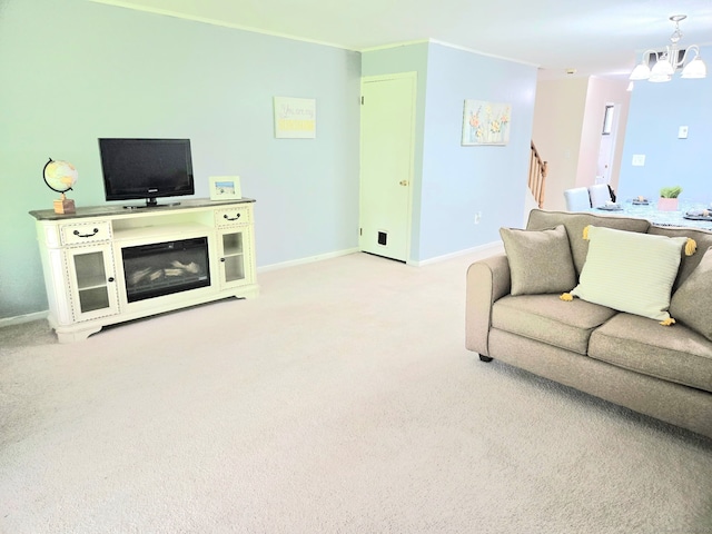 7 Bayberry Ct Unit 7, Cromwell, CT 06416 - carpeted living area featuring a chandelier, baseboards, stairs, and crown molding