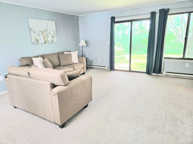 7 Bayberry Ct Unit 7, Cromwell, CT 06416 - living room with a baseboard radiator, ornamental molding, and carpet flooring