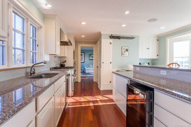 163 Lake Rd, Warren, CT 06754 - kitchen with a sink, wine cooler, extractor fan, white cabinetry, and ornamental molding