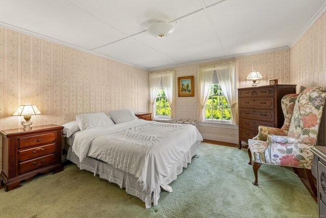 163 Lake Rd, Warren, CT 06754 - carpeted bedroom with wallpapered walls and crown molding