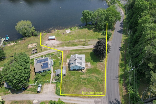 46 Bellamy Ln, Bethlehem, CT 06751 - aerial view of property's location with property boundaries highlighted and a large body of water