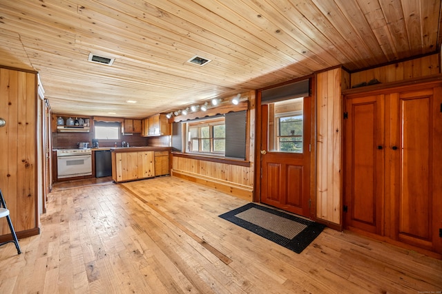 46 Bellamy Ln, Bethlehem, CT 06751 - kitchen with light wood finished floors, wood ceiling, white range with electric stovetop, wooden walls, and dishwashing machine