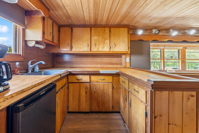 46 Bellamy Ln, Bethlehem, CT 06751 - kitchen with dishwashing machine, a peninsula, wood ceiling, butcher block counters, and dark wood-type flooring