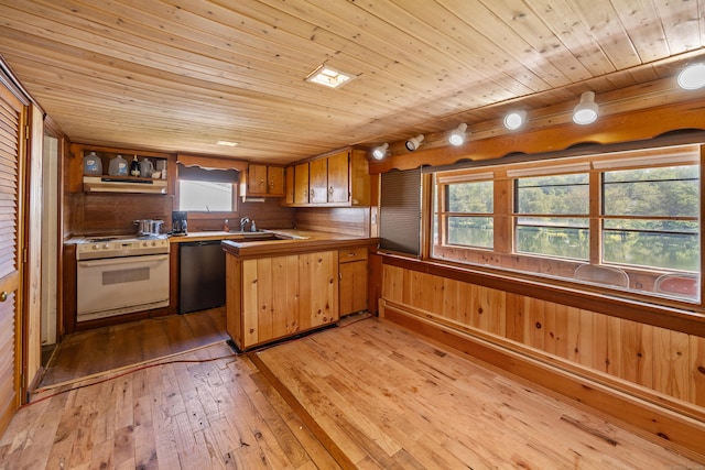 46 Bellamy Ln, Bethlehem, CT 06751 - kitchen featuring dishwasher, white electric range, under cabinet range hood, light wood finished floors, and wooden ceiling