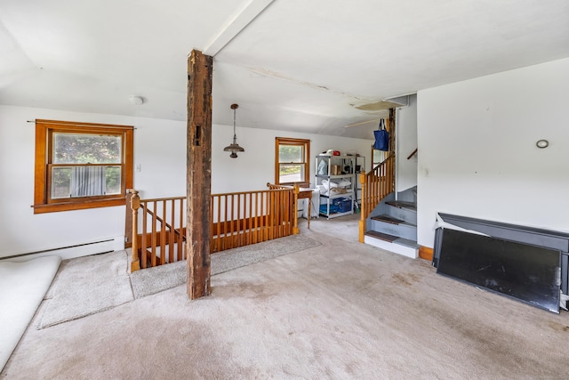 46 Bellamy Ln, Bethlehem, CT 06751 - unfurnished living room with carpet, vaulted ceiling, and a baseboard radiator