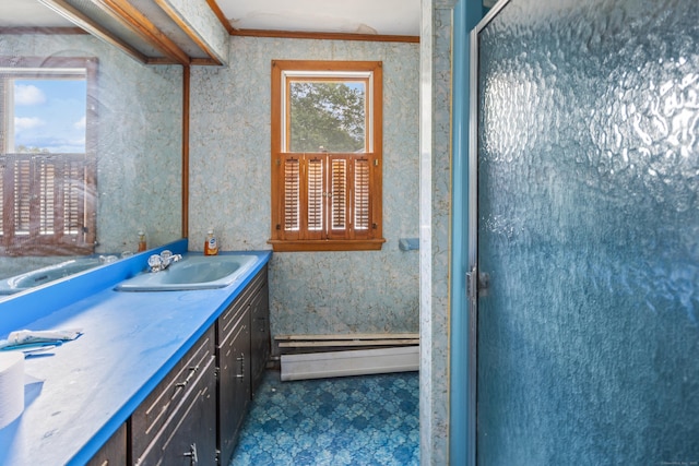 46 Bellamy Ln, Bethlehem, CT 06751 - bathroom featuring a baseboard heating unit, vanity, a shower stall, and tile patterned floors