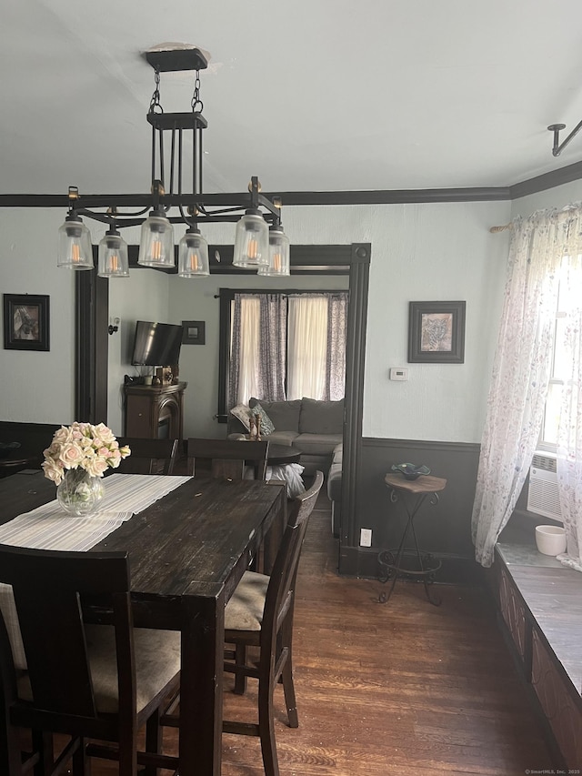 66 S 3rd St, Meriden, CT 06451 - dining room featuring wood finished floors, ornamental molding, cooling unit, and wainscoting