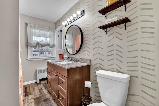 25 Meadow Dr, Ledyard, CT 06335 - bathroom featuring radiator heating unit, vanity, wood finished floors, baseboards, and toilet