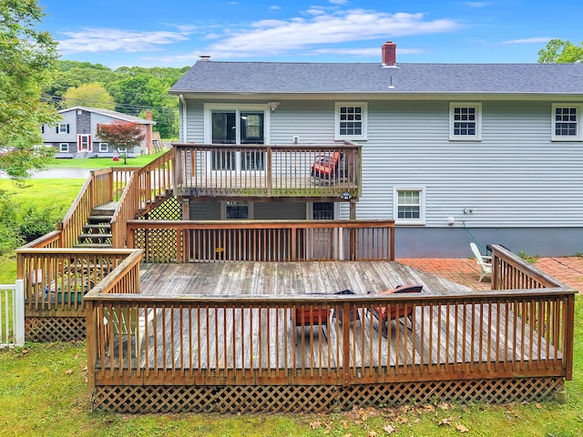 25 Meadow Dr, Ledyard, CT 06335 - back of house featuring roof with shingles, stairway, a wooden deck, and a chimney