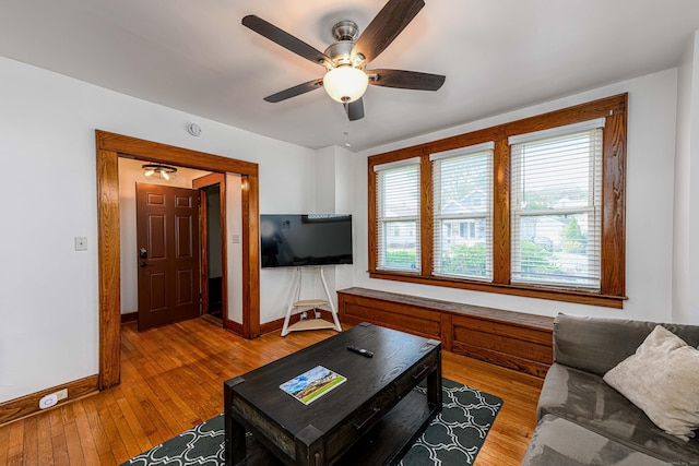 98 Gorham Ave, Hamden, CT 06514 - living room with ceiling fan, baseboards, and light wood-style flooring
