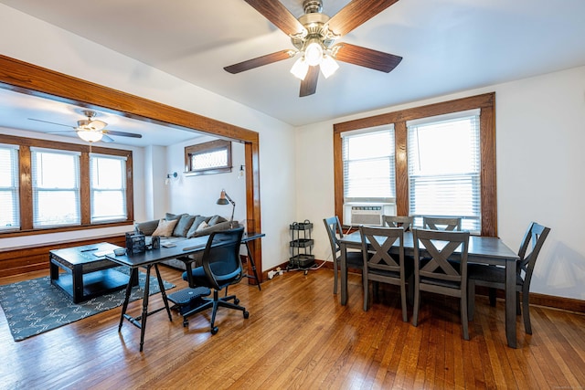 98 Gorham Ave, Hamden, CT 06514 - dining space featuring a ceiling fan, hardwood / wood-style floors, baseboards, and cooling unit