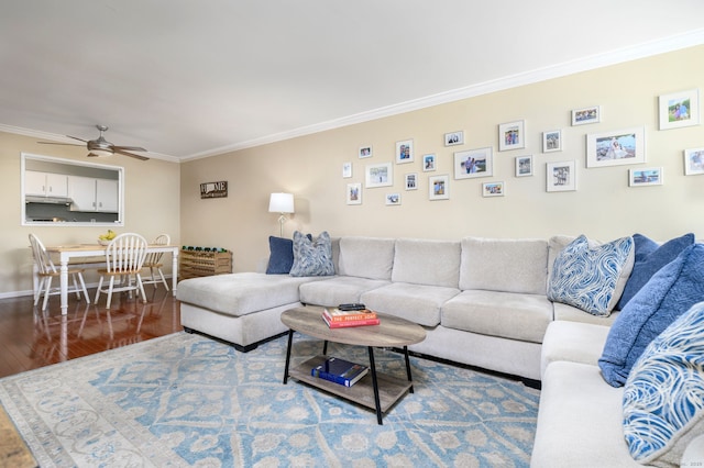 910 Hope St Unit 10B, Stamford, CT 06907 - living room with crown molding, wood finished floors, ceiling fan, and baseboards
