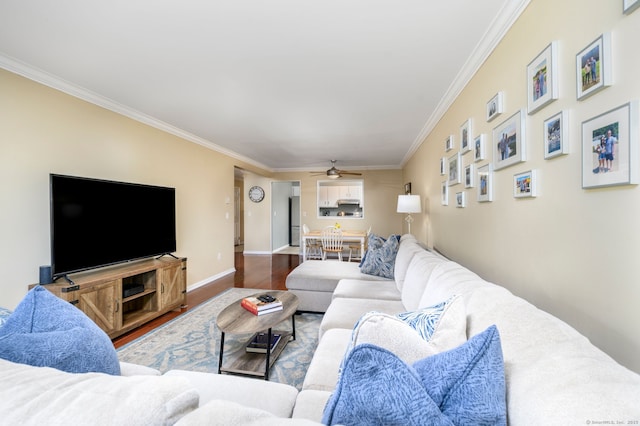 910 Hope St Unit 10B, Stamford, CT 06907 - living area with ornamental molding, wood finished floors, baseboards, and ceiling fan