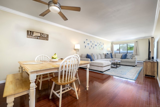 910 Hope St Unit 10B, Stamford, CT 06907 - dining space with ornamental molding, ceiling fan, dark wood-style floors, and baseboards