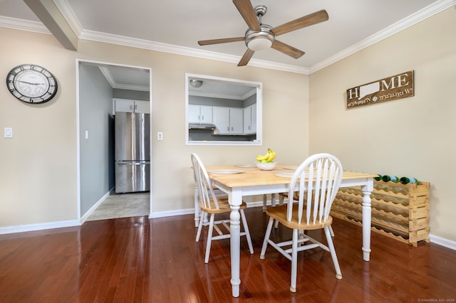 910 Hope St Unit 10B, Stamford, CT 06907 - dining room featuring ornamental molding, wood-type flooring, baseboards, and a ceiling fan