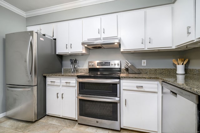 910 Hope St Unit 10B, Stamford, CT 06907 - kitchen featuring stainless steel appliances, under cabinet range hood, ornamental molding, and white cabinets