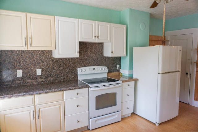 47 Mountford St, Hartford, CT 06114 - kitchen featuring white appliances, light wood-type flooring, backsplash, and white cabinets