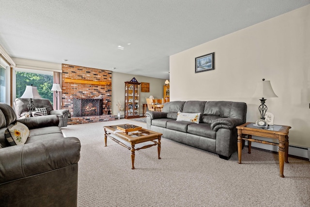 2 Marion Ln, Canterbury, CT 06331 - living room with carpet floors, a brick fireplace, and a textured ceiling