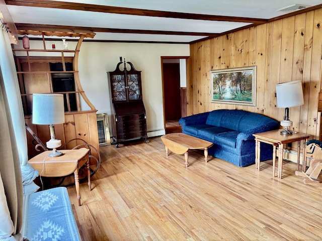 56 Clapboard Ridge Rd, Danbury, CT 06811 - living area with beamed ceiling, wood finished floors, a baseboard radiator, and wood walls