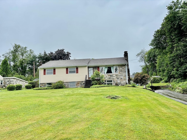 56 Clapboard Ridge Rd, Danbury, CT 06811 - view of front of property with a chimney, a front lawn, and stone siding