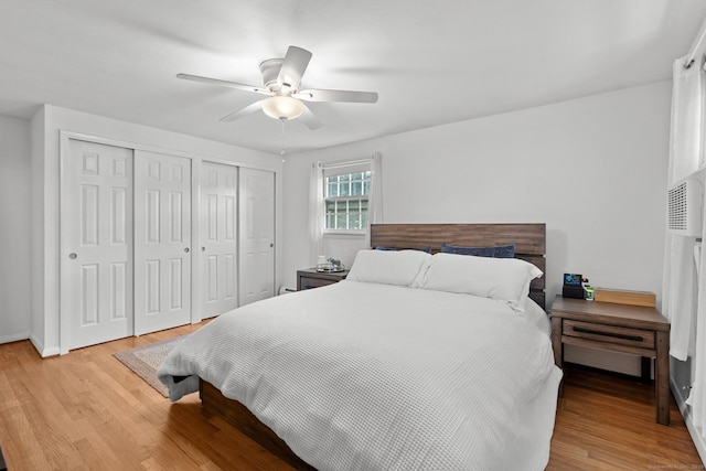 183 Brentmoor Rd, East Hartford, CT 06118 - bedroom featuring multiple closets, light wood-type flooring, and a ceiling fan