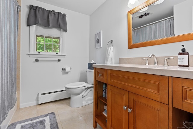 183 Brentmoor Rd, East Hartford, CT 06118 - full bathroom with a baseboard heating unit, vanity, tile patterned flooring, and a shower with shower curtain
