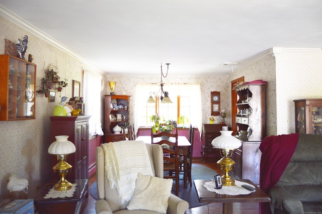 76 Country Ln, Bristol, CT 06010 - living room with wallpapered walls, crown molding, and wood finished floors