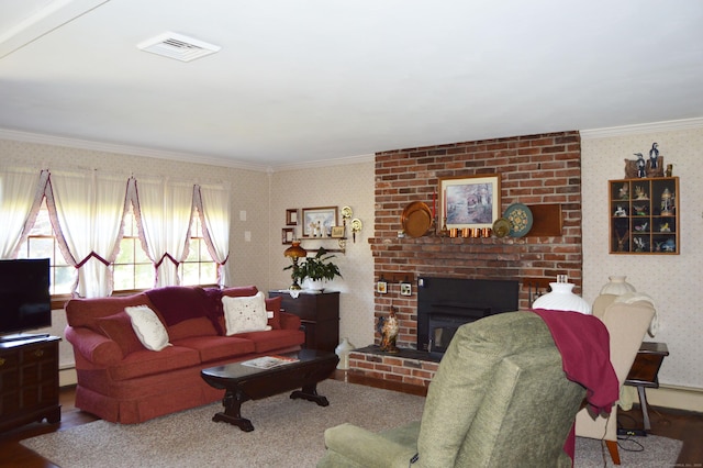 76 Country Ln, Bristol, CT 06010 - living room with wallpapered walls, ornamental molding, and a brick fireplace
