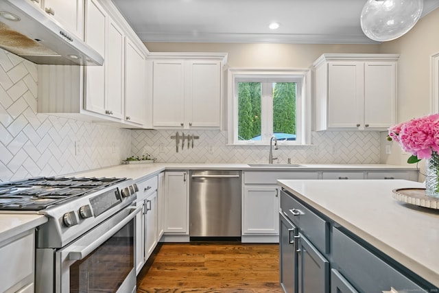 kitchen featuring stainless steel appliances, under cabinet range hood, a sink, white cabinetry, and crown molding