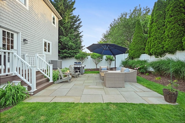 fenced backyard featuring an outdoor living space, central AC, a patio area, and a grill