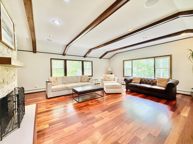 51 Boulder Brook Dr, Stamford, CT 06903 - living room featuring a large fireplace, a baseboard radiator, wood finished floors, and recessed lighting