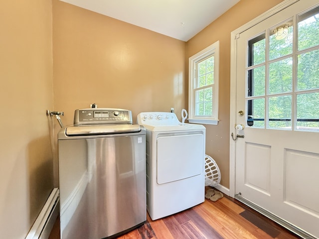 51 Boulder Brook Dr, Stamford, CT 06903 - washroom featuring independent washer and dryer, wood finished floors, and a baseboard radiator