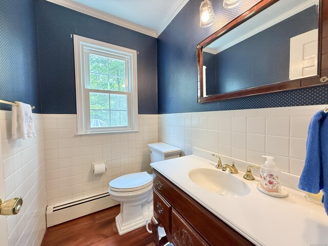 51 Boulder Brook Dr, Stamford, CT 06903 - bathroom with baseboard heating, tile walls, ornamental molding, wood finished floors, and toilet