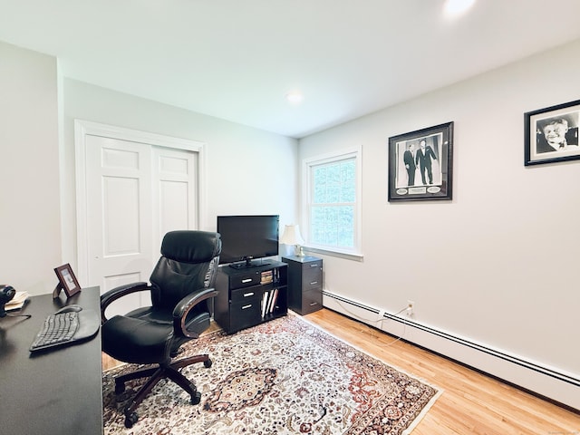 51 Boulder Brook Dr, Stamford, CT 06903 - office area featuring a baseboard heating unit, light wood finished floors, and recessed lighting