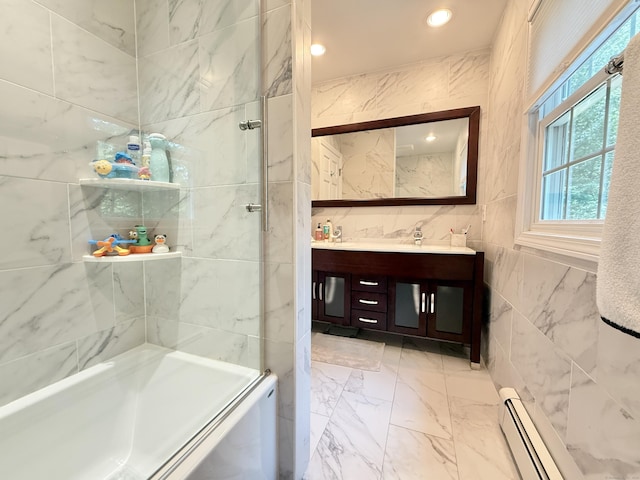 51 Boulder Brook Dr, Stamford, CT 06903 - bathroom with tile walls, a shower with door, double vanity, marble finish flooring, and recessed lighting