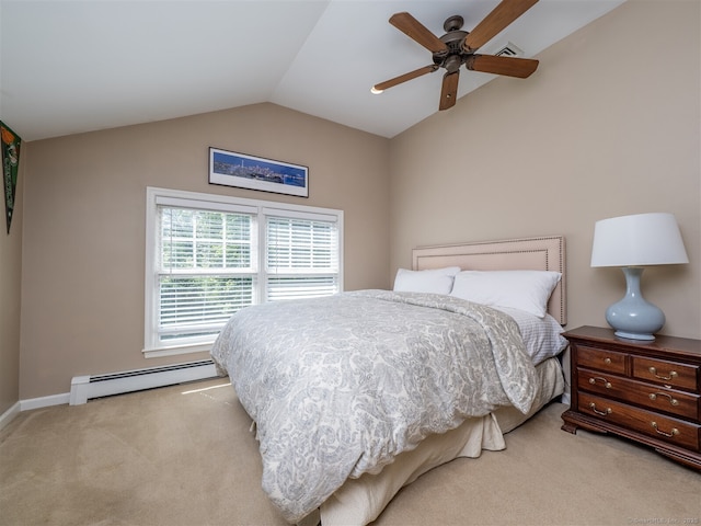 111 Washington Post Dr, Wilton, CT 06897 - bedroom with a baseboard heating unit, carpet, lofted ceiling, and ceiling fan