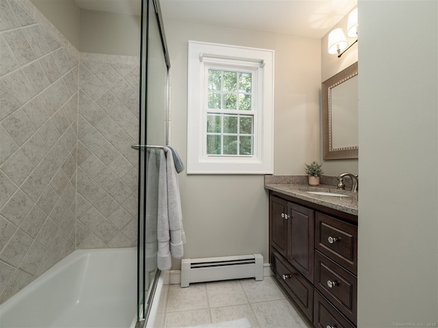 111 Washington Post Dr, Wilton, CT 06897 - full bath featuring a baseboard radiator, vanity, baseboards, combined bath / shower with glass door, and tile patterned floors