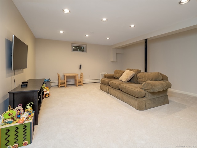 111 Washington Post Dr, Wilton, CT 06897 - living area with light colored carpet, recessed lighting, a baseboard heating unit, and baseboards
