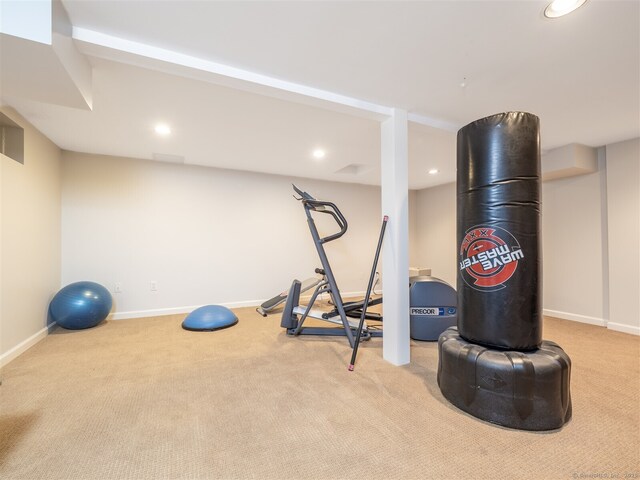 111 Washington Post Dr, Wilton, CT 06897 - exercise area featuring carpet flooring, baseboards, and recessed lighting