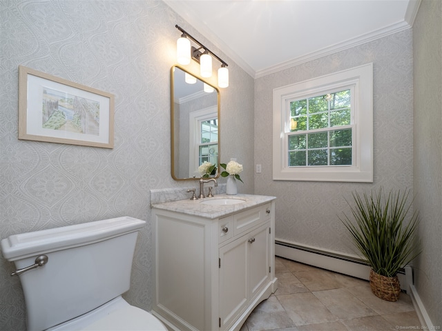 111 Washington Post Dr, Wilton, CT 06897 - bathroom featuring ornamental molding, vanity, toilet, and baseboard heating