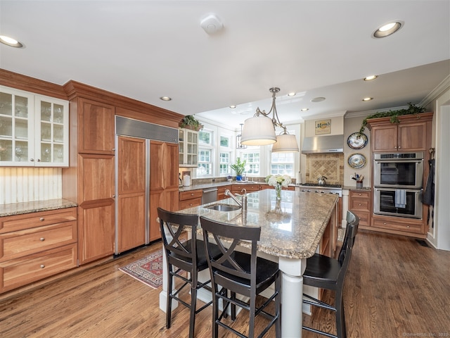111 Washington Post Dr, Wilton, CT 06897 - kitchen featuring appliances with stainless steel finishes, glass insert cabinets, tasteful backsplash, exhaust hood, and dark wood-style floors
