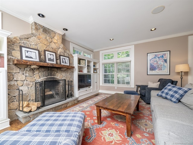 111 Washington Post Dr, Wilton, CT 06897 - living room featuring ornamental molding, a stone fireplace, baseboards, recessed lighting, and wood finished floors