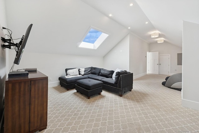 27 Waverly Rd, Darien, CT 06820 - living area with a skylight, light colored carpet, lofted ceiling, baseboards, and recessed lighting