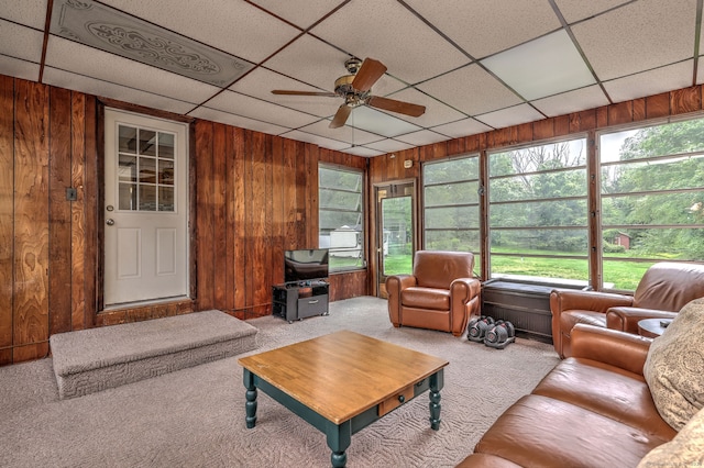 202 Mountain Rd, Cheshire, CT 06410 - living room featuring a ceiling fan, wooden walls, carpet floors, and a drop ceiling