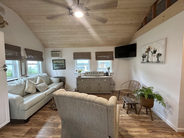 28 1st St, Madison, CT 06443 - living room featuring lofted ceiling, plenty of natural light, wooden ceiling, a wall unit AC, and ceiling fan