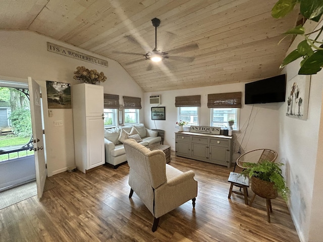 28 1st St, Madison, CT 06443 - living room featuring vaulted ceiling, a ceiling fan, wood finished floors, a wall unit AC, and wooden ceiling
