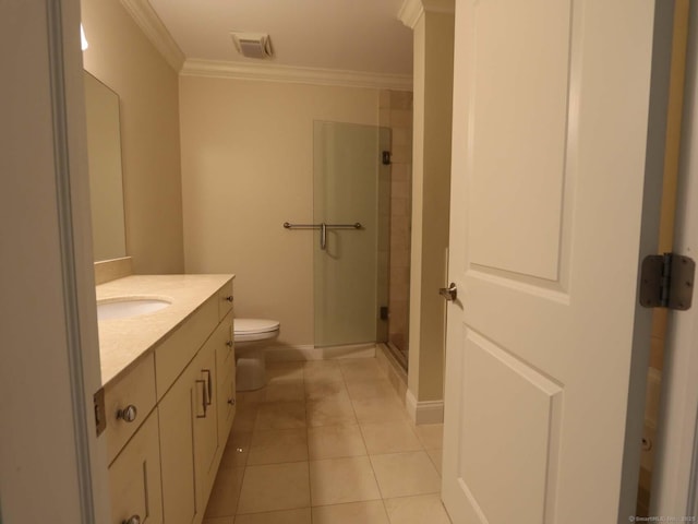 144 E Ave Apt B106, Norwalk, CT 06851 - bathroom with vanity, toilet, a shower stall, ornamental molding, and tile patterned flooring