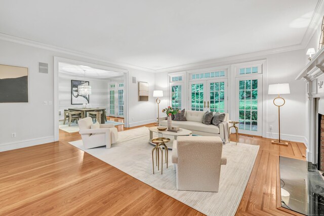 4 Lyons Plain Rd, Weston, CT 06883 - living area featuring a fireplace with flush hearth, wood finished floors, and ornamental molding