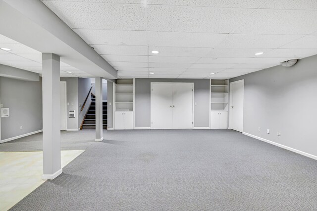 4 Lyons Plain Rd, Weston, CT 06883 - finished basement with a paneled ceiling, carpet flooring, stairs, and recessed lighting